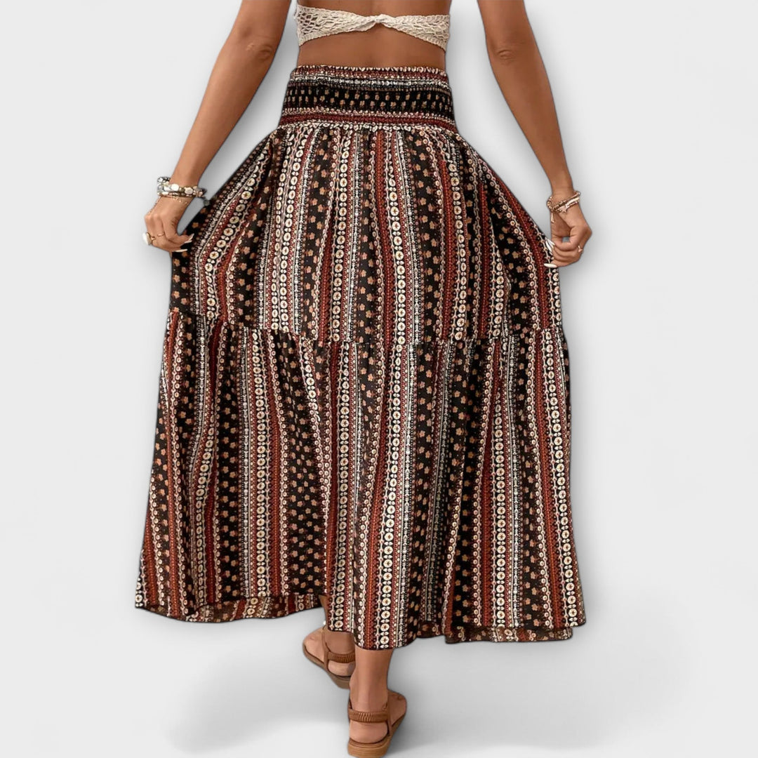 Beata | Midi sukně s boho potiskem a splývavou latkou