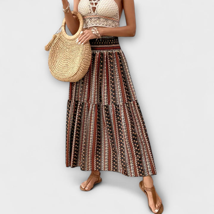 Beata | Midi sukně s boho potiskem a splývavou latkou