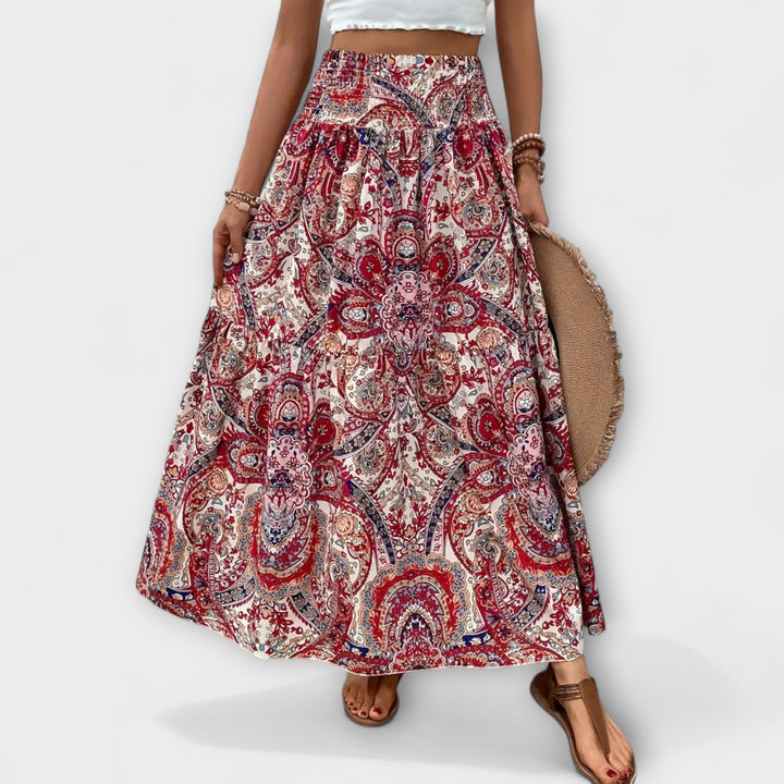 Beata | Midi sukně s boho potiskem a splývavou latkou