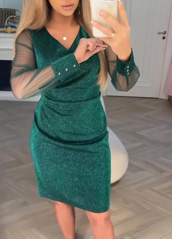 Luna | Třpytivé šaty s výstřihem do V a tylovými rukávy ✨