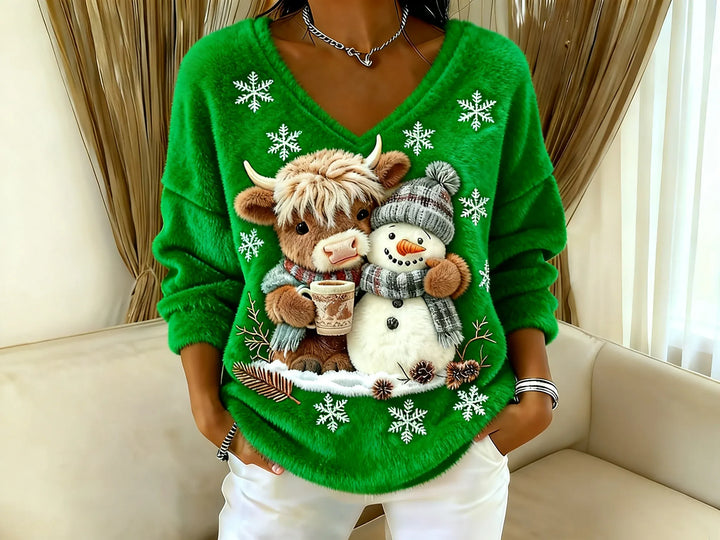 🔥Poslední den s 55% slevou🔥 Dámská halenka s výstřihem do V a potiskem skotského skotu Yeti