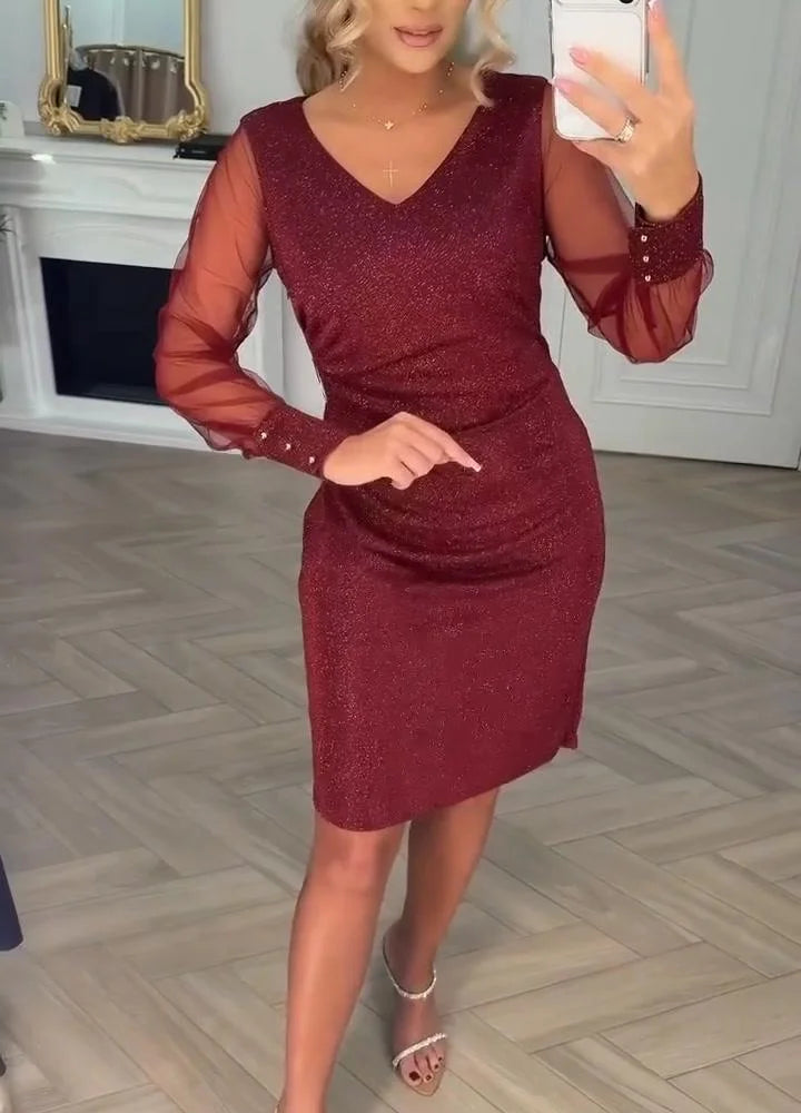 Luna | Třpytivé šaty s výstřihem do V a tylovými rukávy ✨